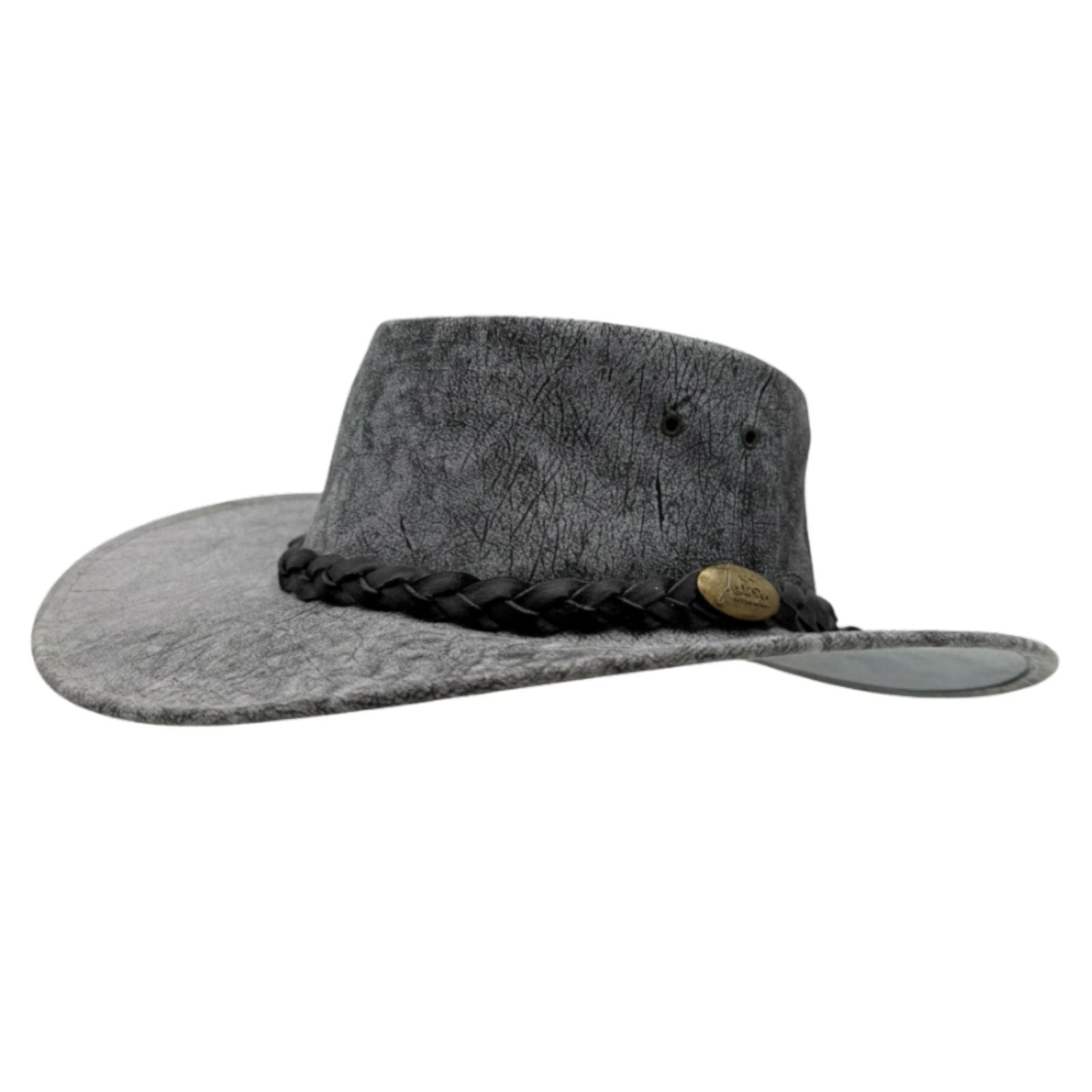 Stonewash Gray felt hat with braided band and leather patch on a white background