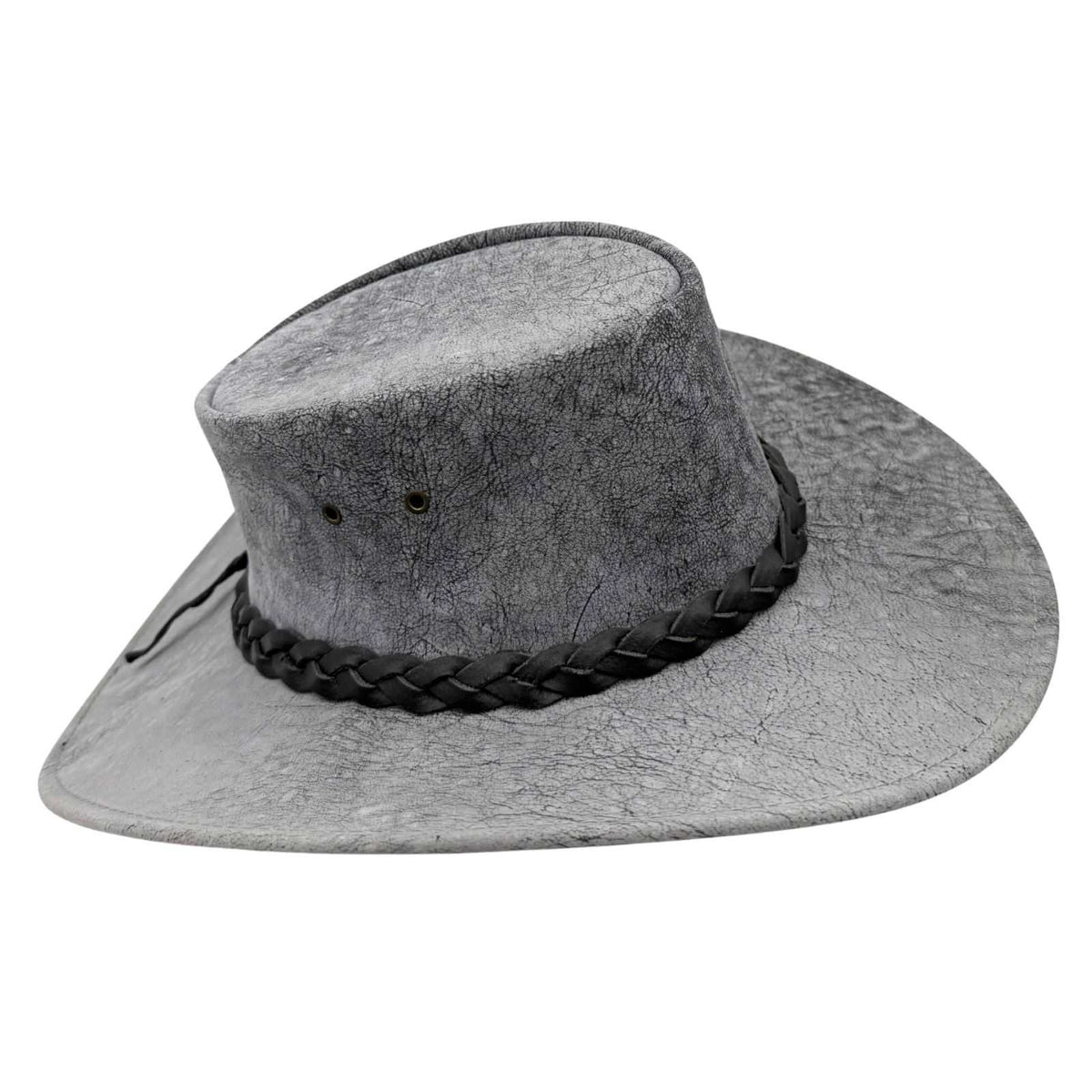 Stonewash Gray suede hat with braided leather band on a white background