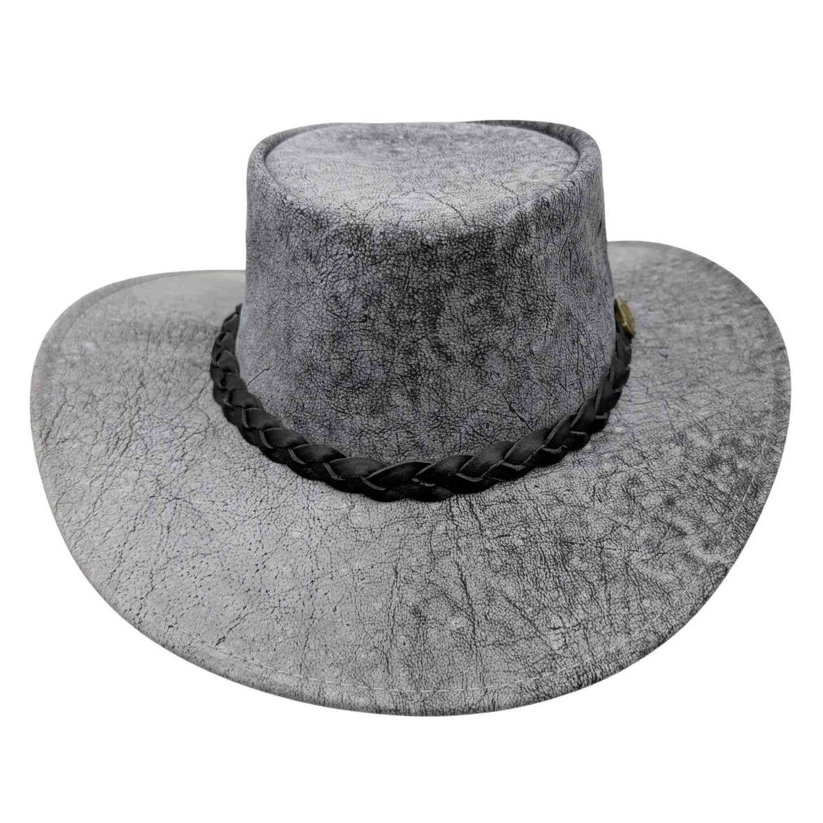 Stonewash Gray cowboy hat with braided band on a white background