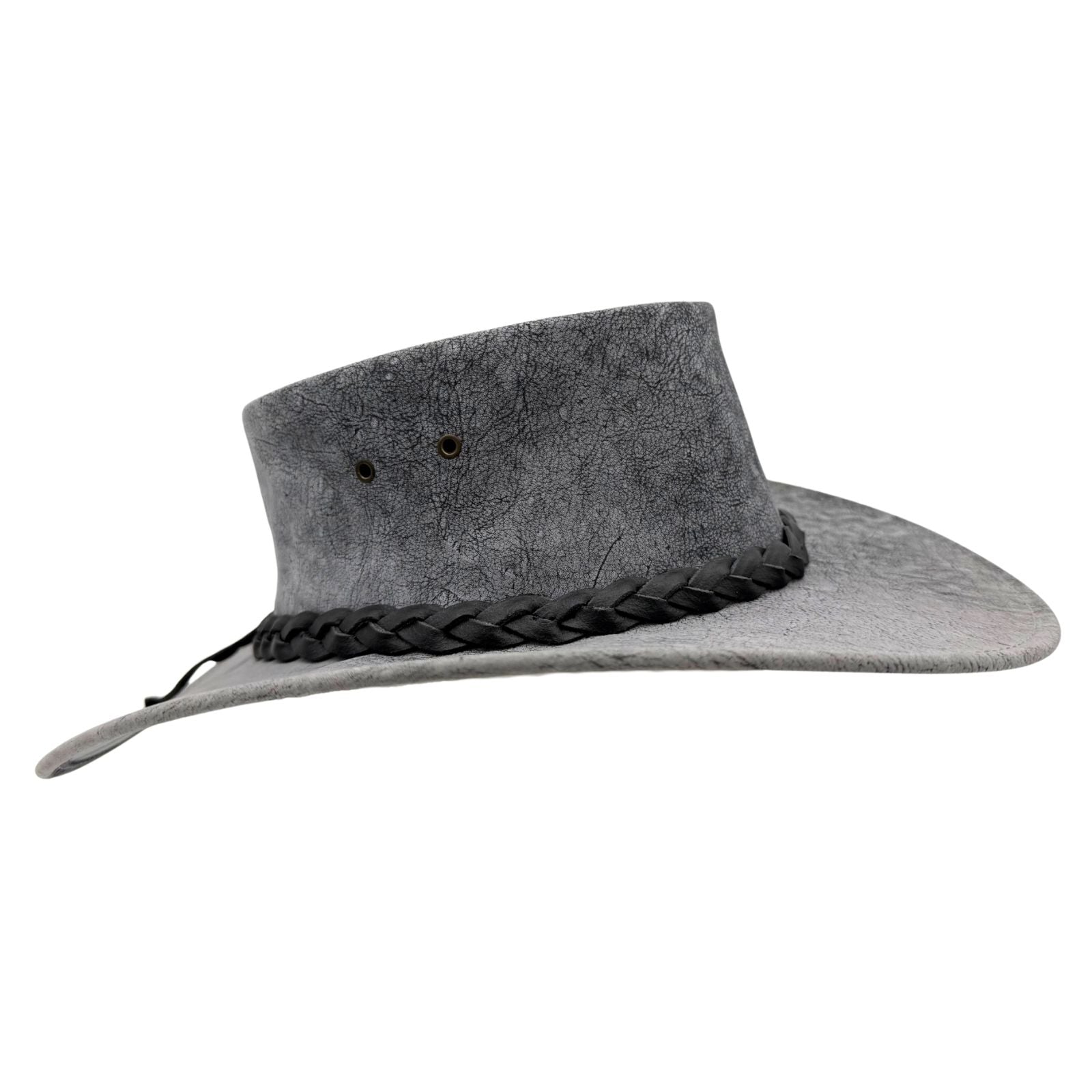 Stonewash Gray suede hat with braided leather band on a white background