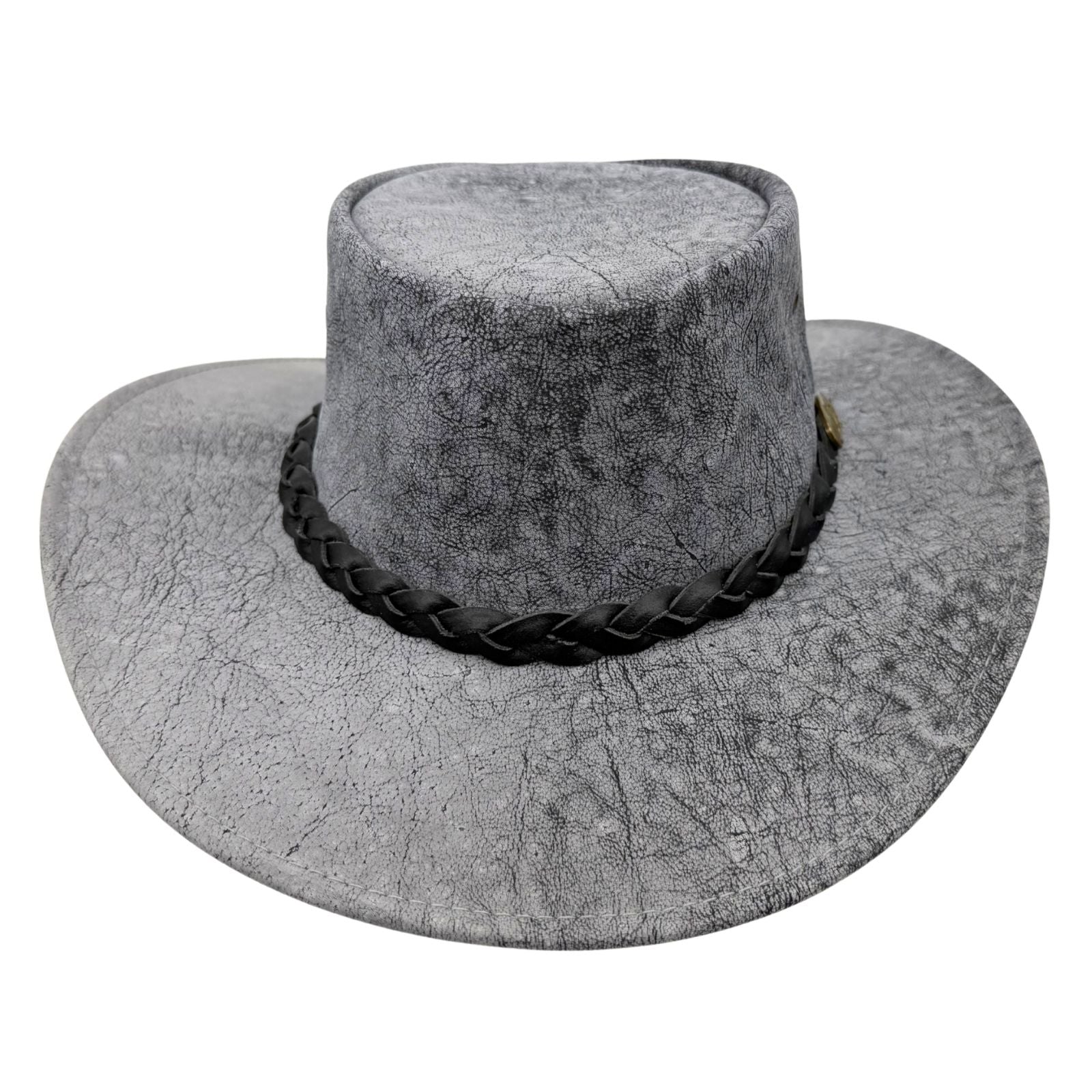 Stonewash Gray cowboy hat with braided band on a white background