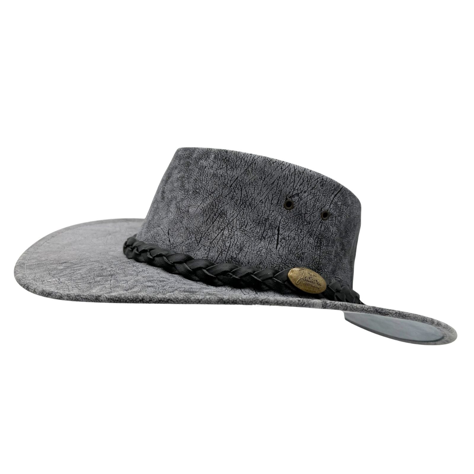 Stonewash Gray wide-brimmed hat with a braided band on a white background