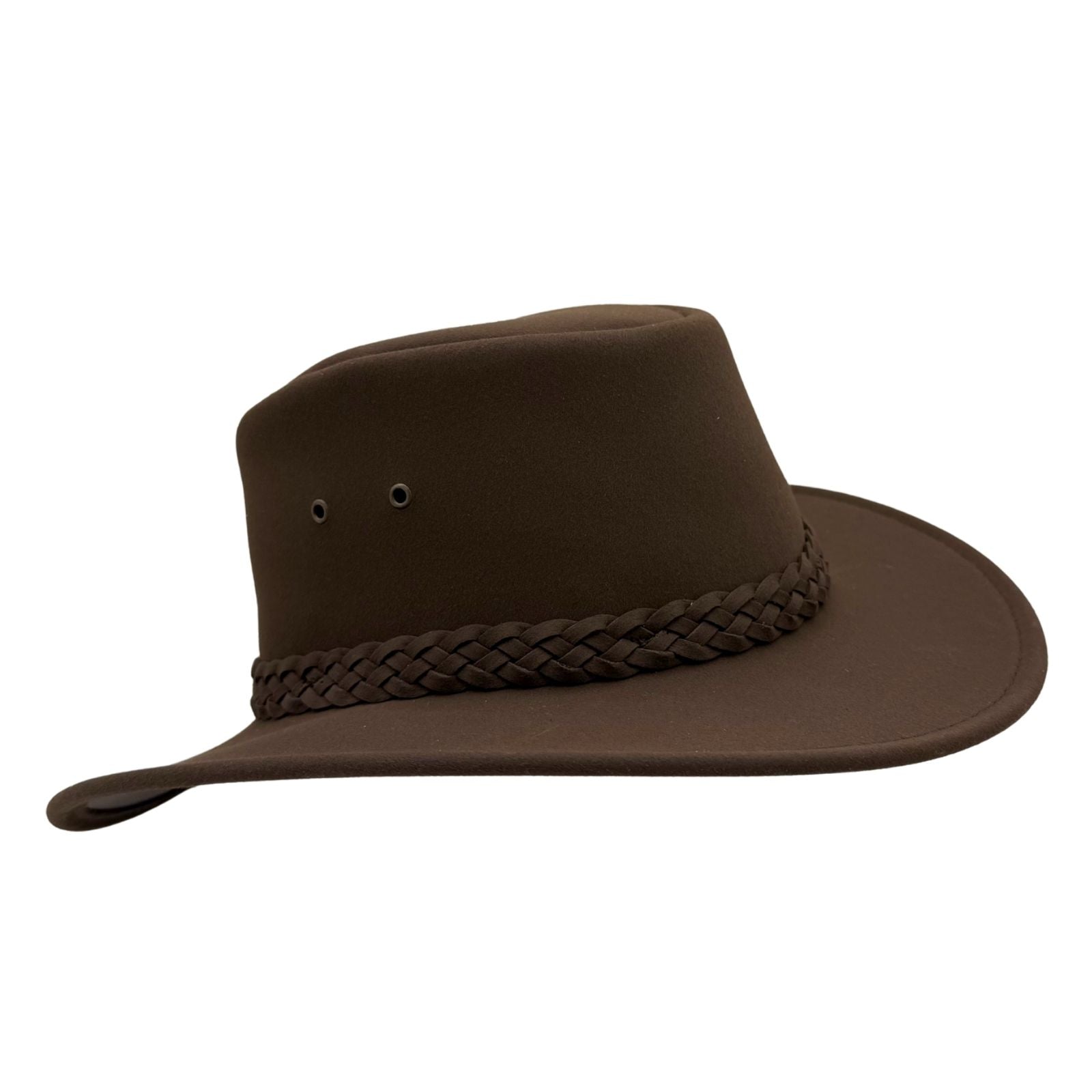 Jacaru 1180 Brown Soaker Hatwith braided band on a white background