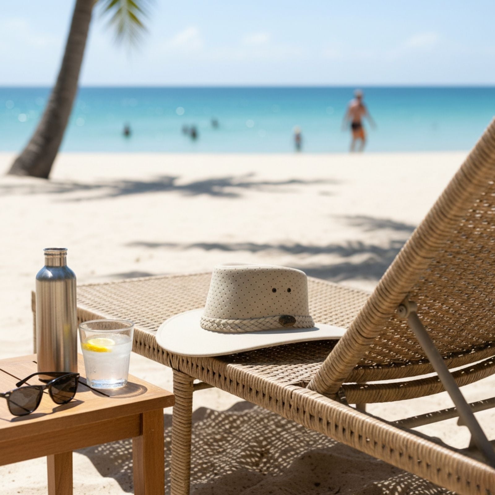 Beach scene with wicker chair, Jacaru Sand Soaker Breeze Hat,glass of water, and bottle on a sandy beach.