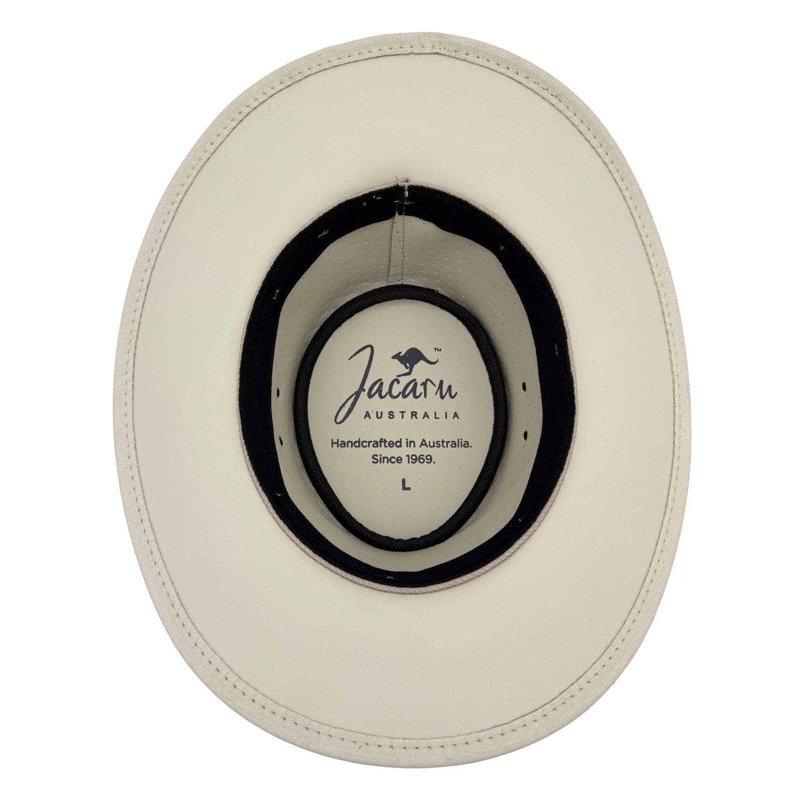 White hat with 'Jacaru Australia' branding on a white background