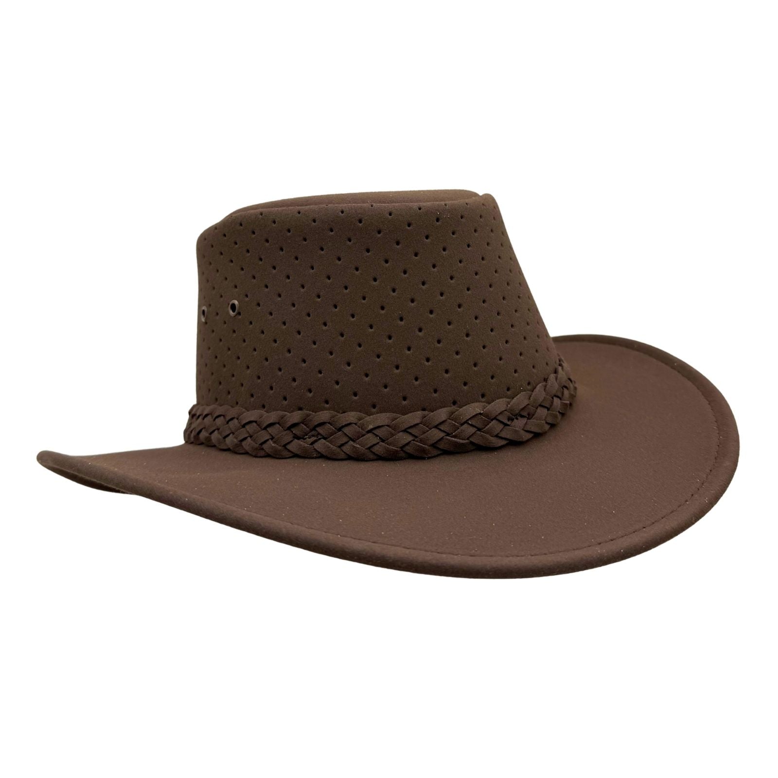 Brown Jacaru Soaker Breeze Hat with braided band on a white background