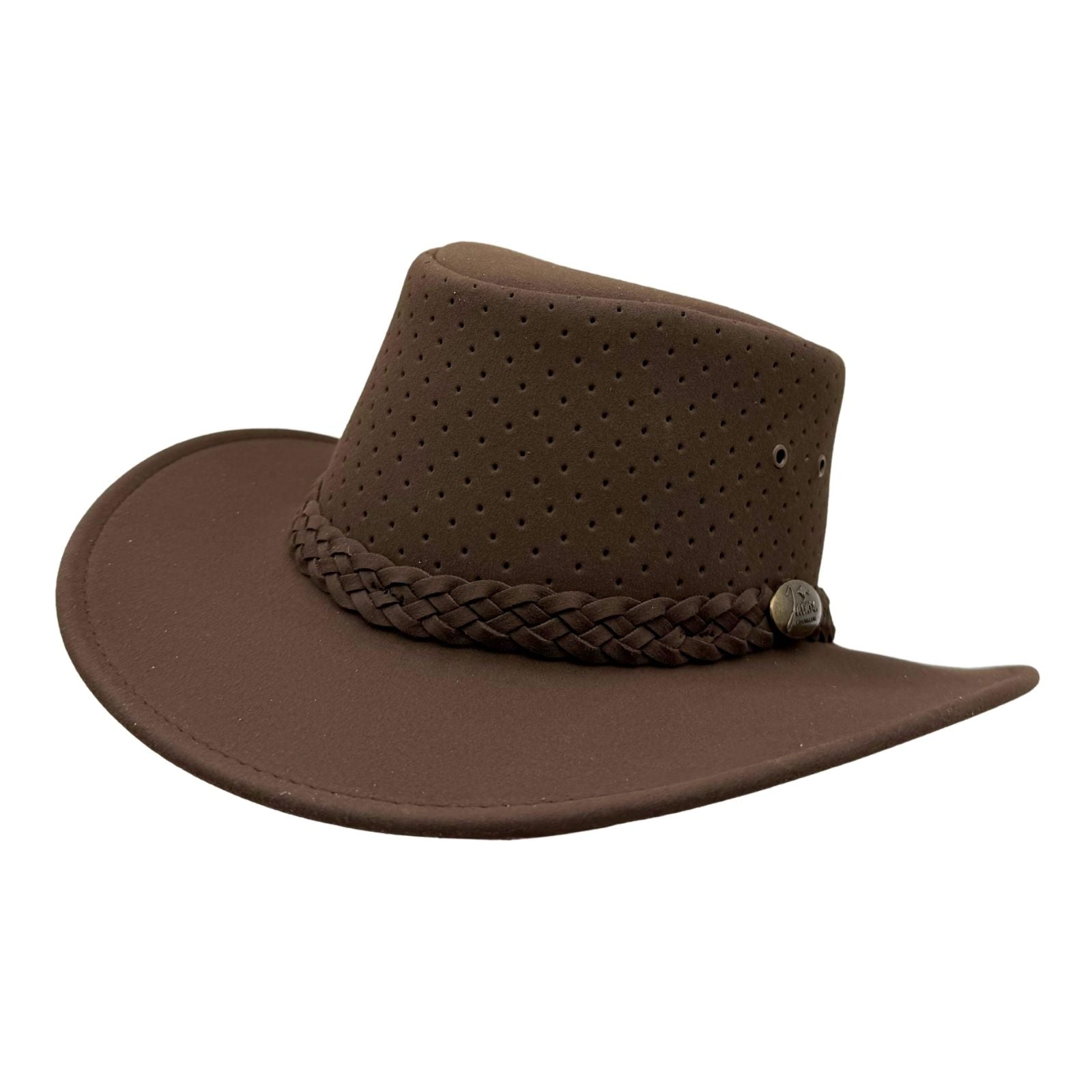 Brown Jacaru Soaker Breeze Hat with braided band on a white background