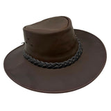 Brown Aussie Hat with braided band on a white background