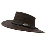 Brown Aussie Hat with braided band and logo on a white background