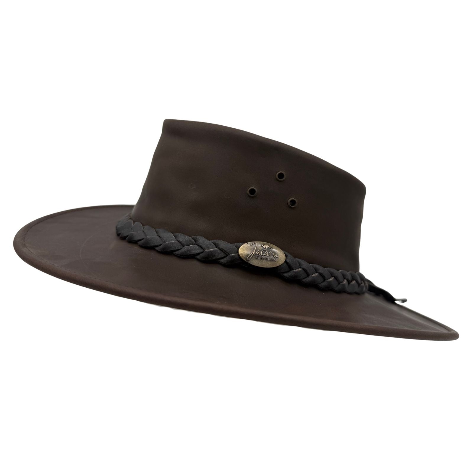 Brown Aussie Hat with braided band and logo on a white background