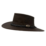 Brown Aussie Hat with braided band and logo on a white background