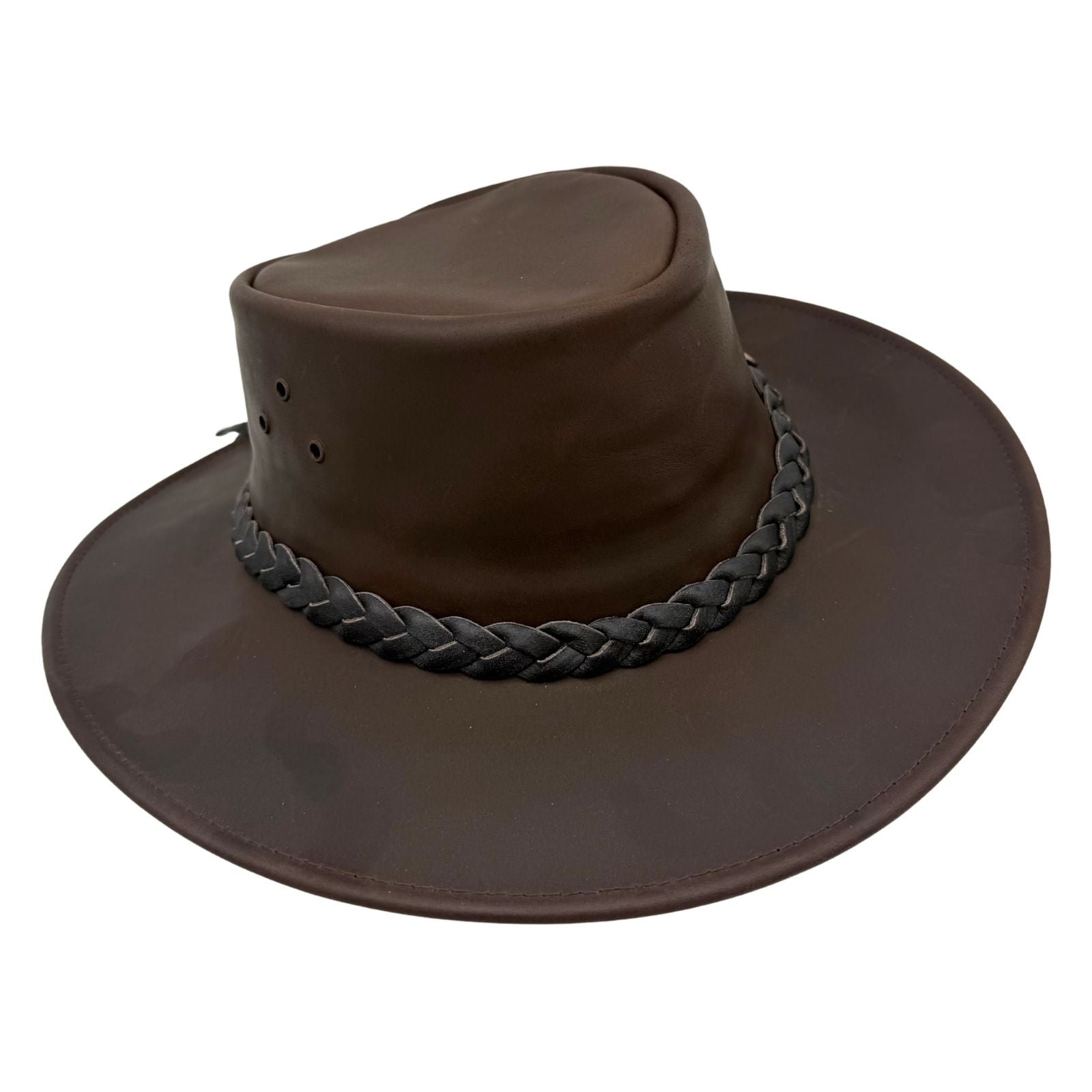 Brown Aussie Hat with braided band on a white background