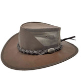 A brown Jacaru 130 Roo Koolaroo hat with kangaroo leather and a breathable mesh crown.