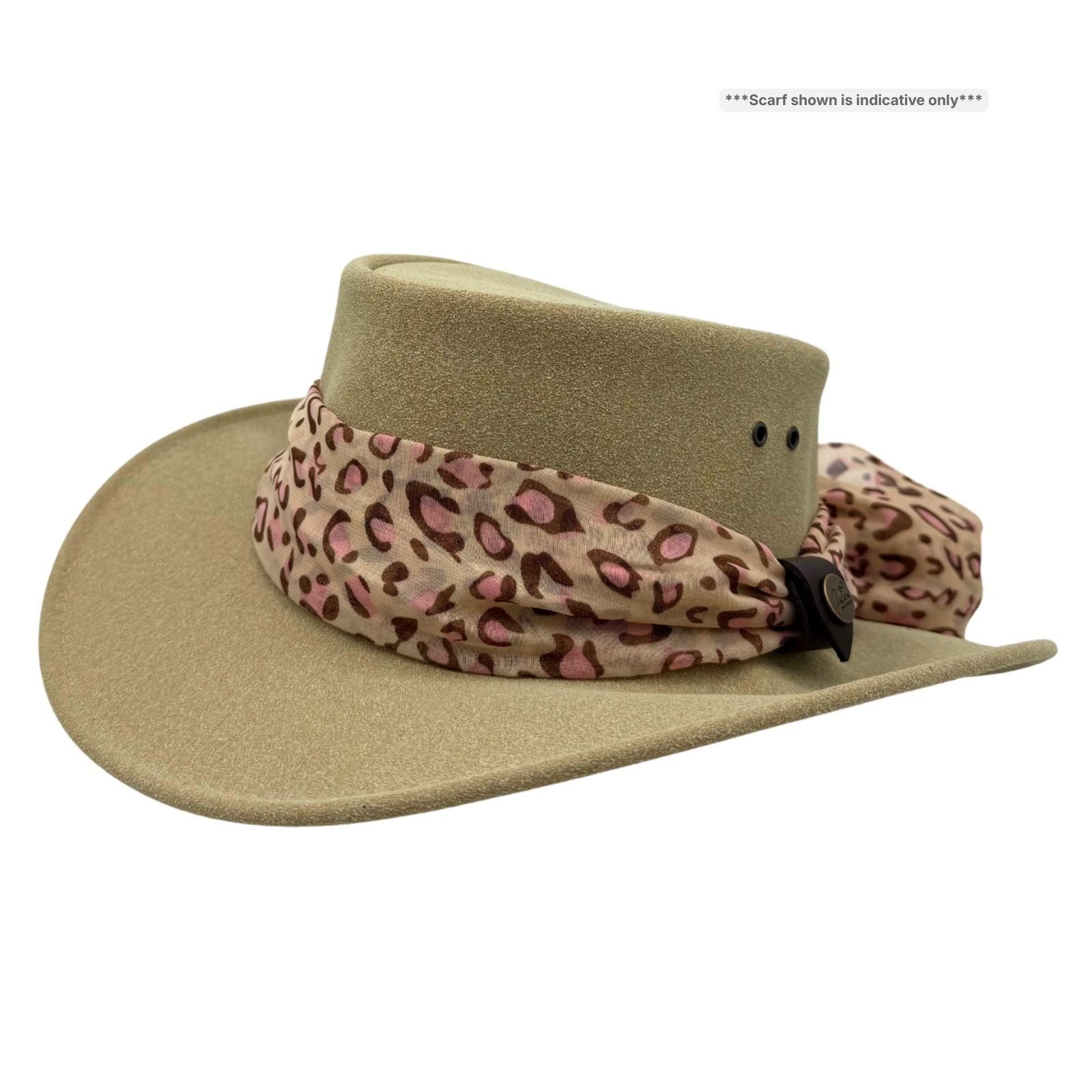Sand Jacaru 1103 Alice Hat with a leopard print bandana tied around it on a white background