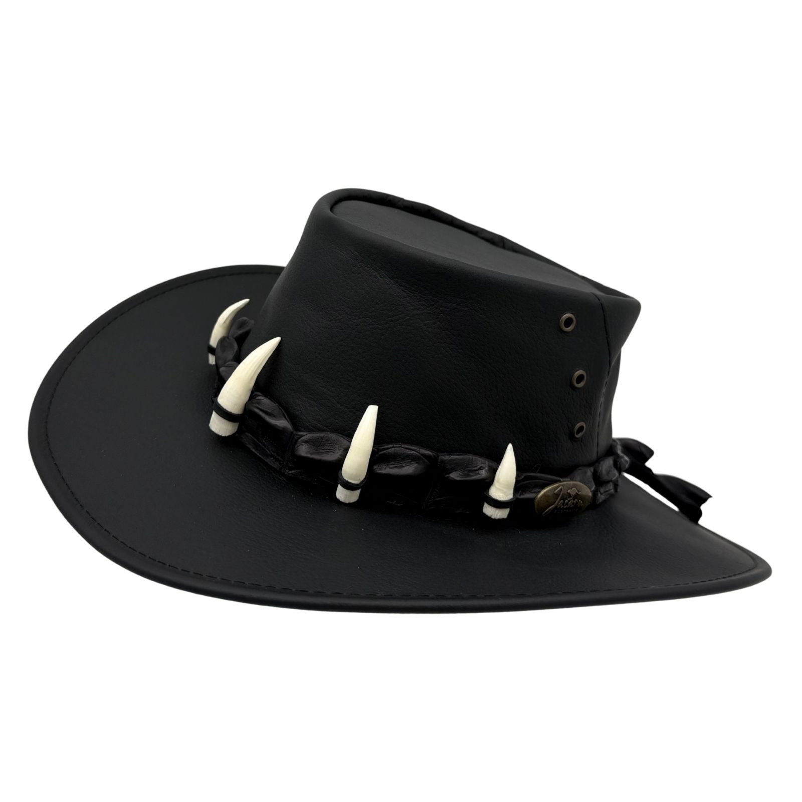 Black Ayers Croc Hat with white tusk-like decorations on a white background