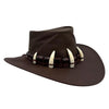 Brown Ayers Croc Hat with white tusk embellishments on a white background