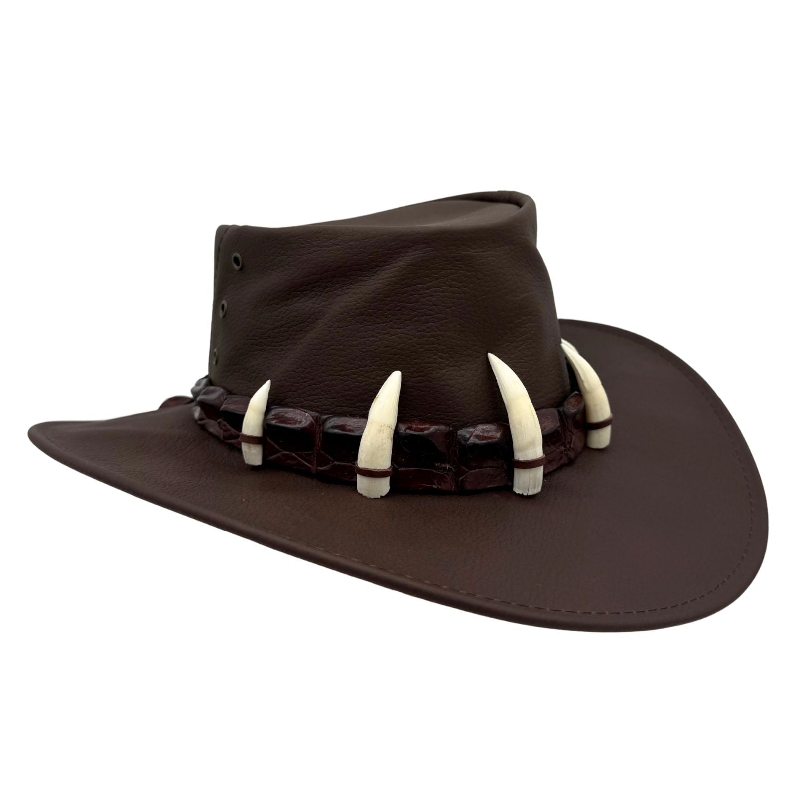 Brown Ayers Croc Hat with white tusk embellishments on a white background