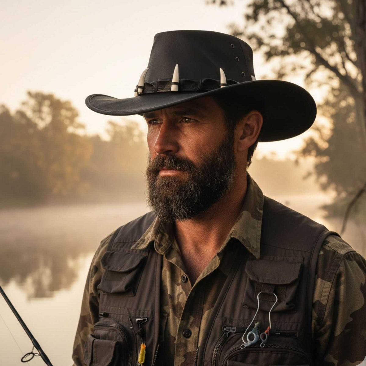 Man wearing a black Ayers Croc Hat and camouflage jacket by a body of water.