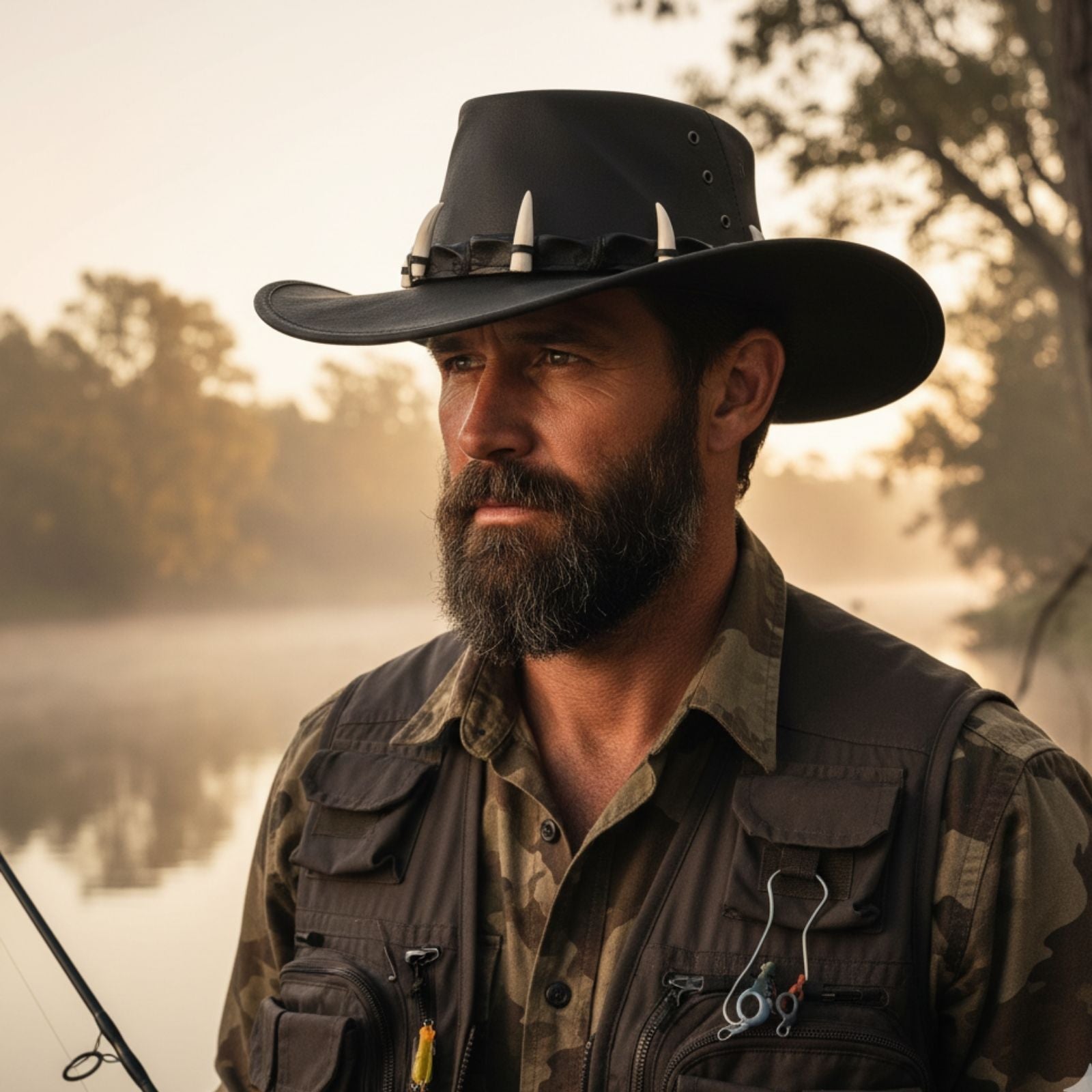 Man wearing a black Ayers Croc Hat and camouflage jacket by a body of water.