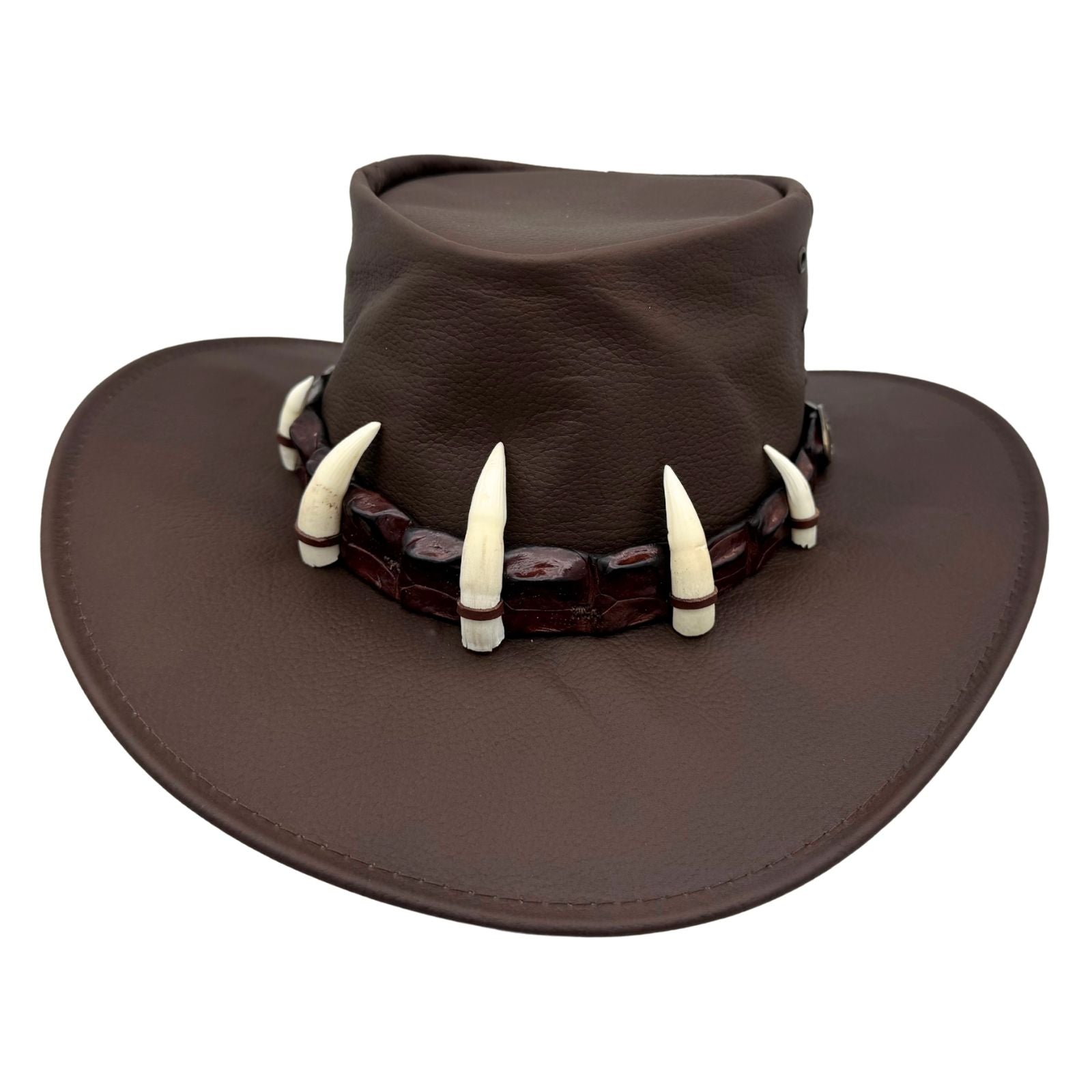 Brown Ayers Croc Hat with white tusk embellishments on a white background