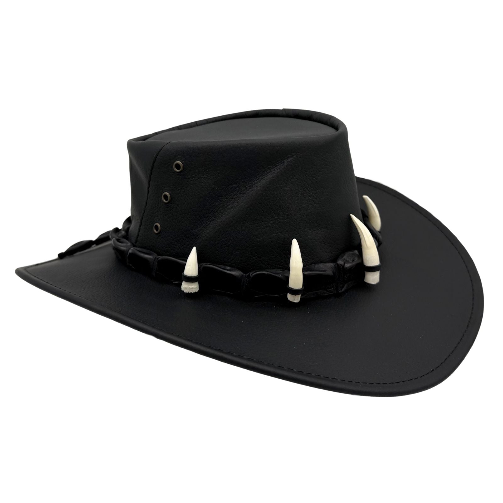 Black Ayers Croc Hat with decorative elements on a white background