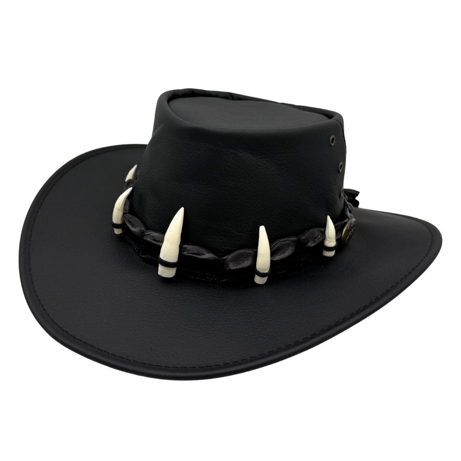 Black Ayers Croc Hat with decorative elements on a white background