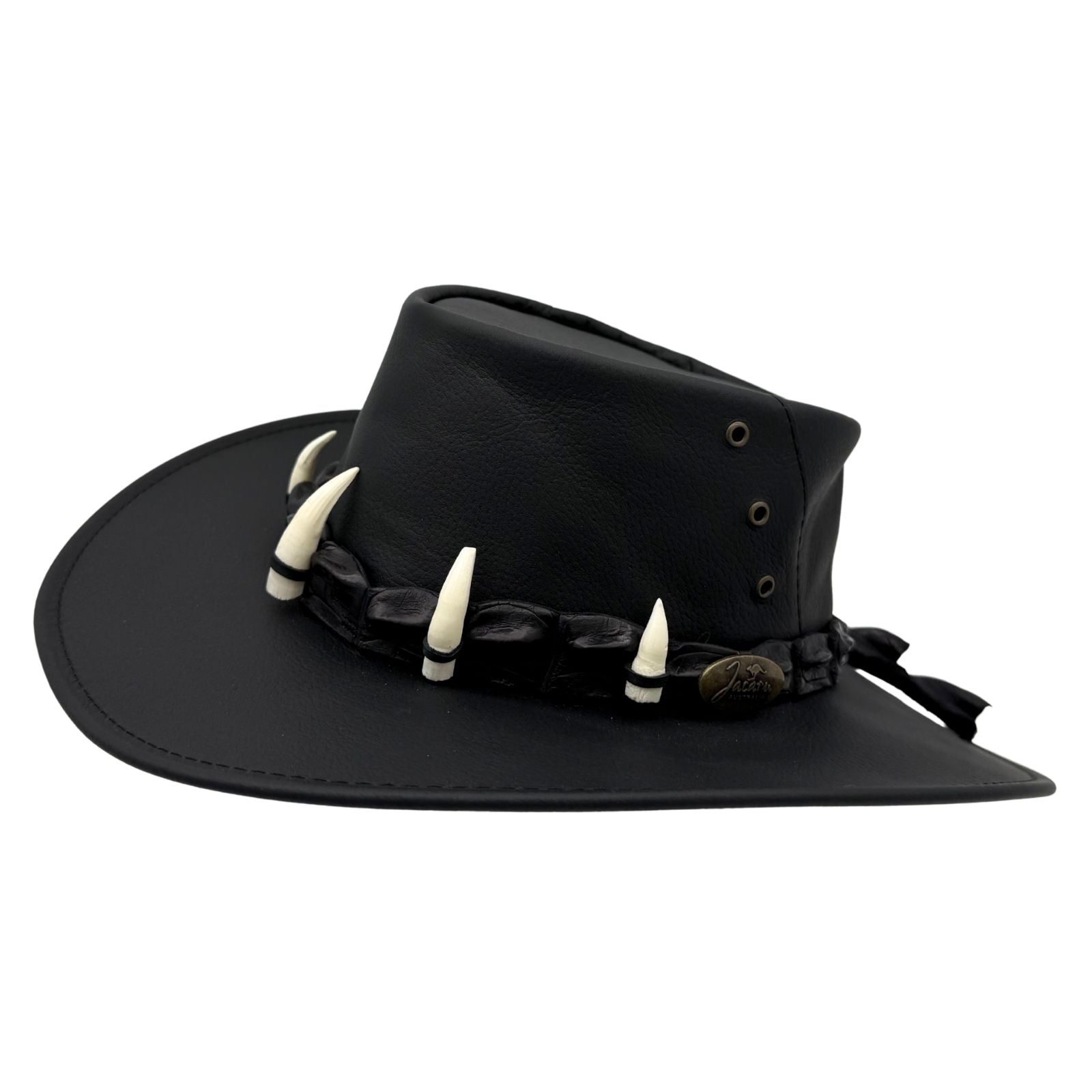 Black Ayers Croc Hat with decorative elements on a white background