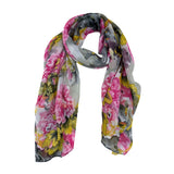 Jacaru chiffon scarf with yellow, pink and grey floral pattern