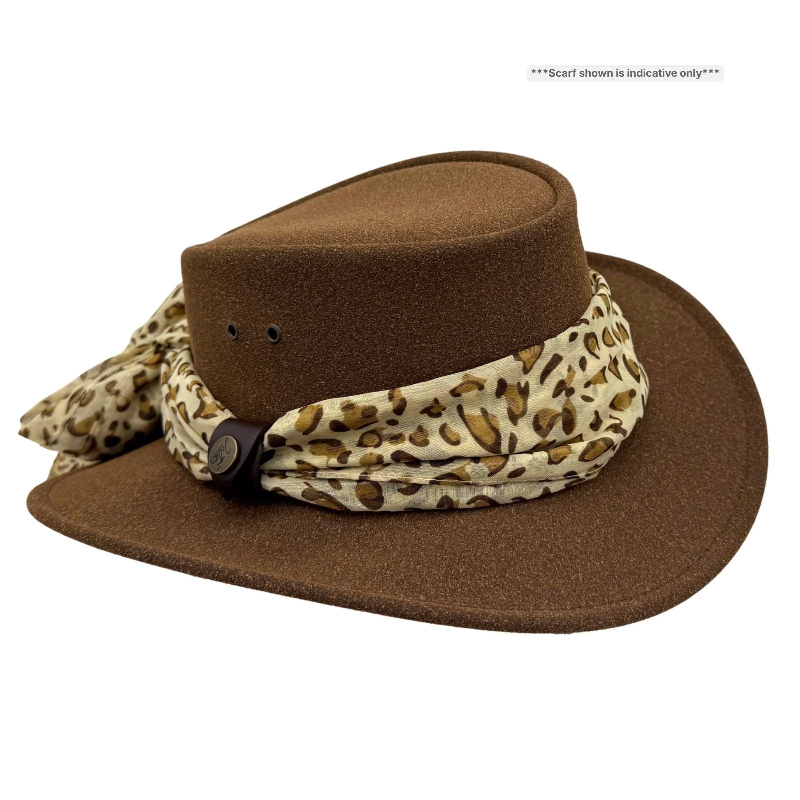 Brown Jacaru 1103 Alice Hat with a leopard print scarf on a white background