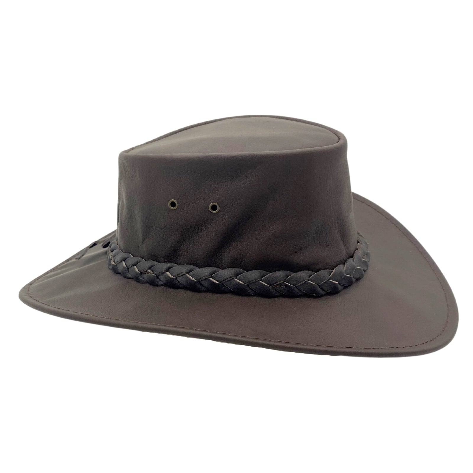 Brown smooth leather bush hat with braided leather band