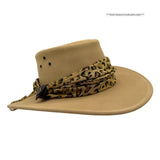 sand Jacaru 1020 Jillaroo Hatwith a leopard print bandana on a white background