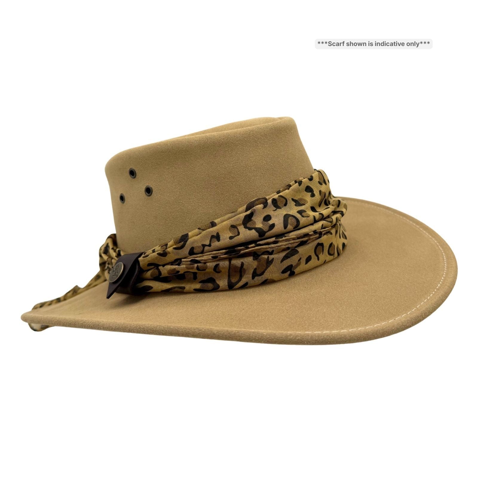 sand Jacaru 1020 Jillaroo Hatwith a leopard print bandana on a white background