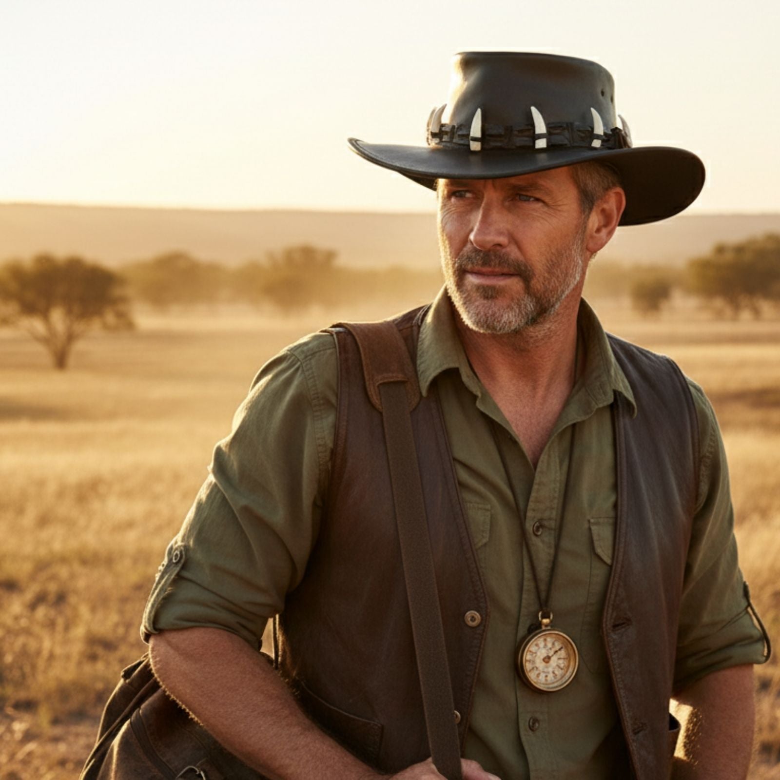 Man in outdoor attire with a Black Dundee Croc 9 Croc Teeth Hat and vest standing in a desert landscape