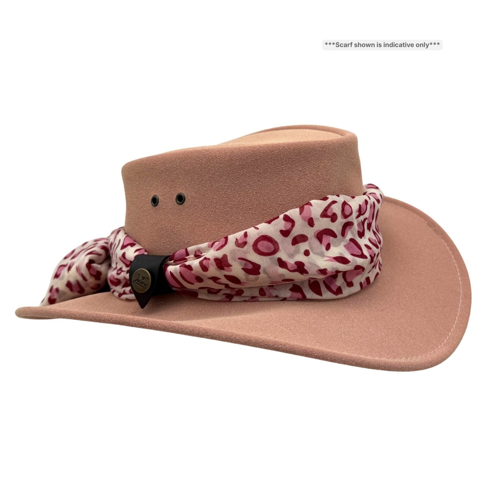 Pink Jacaru 1103 Alice Hat with a patterned scarf on a white background
