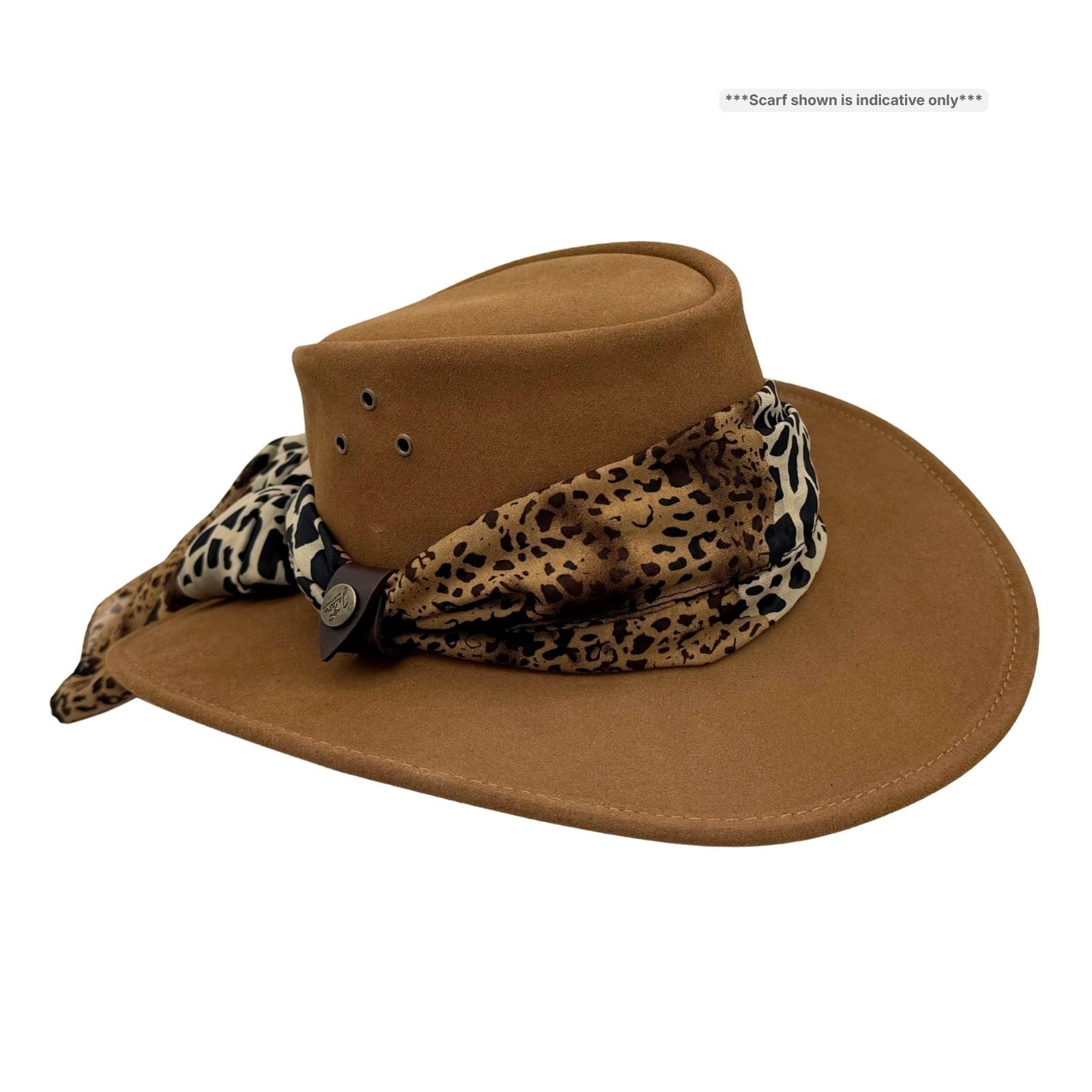 Mushroom Jacaru 1020 Jillaroo Hatwith a leopard print bandana on a white background