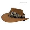 Mushroom Jacaru 1020 Jillaroo Hatwith a leopard print bandana on a white background