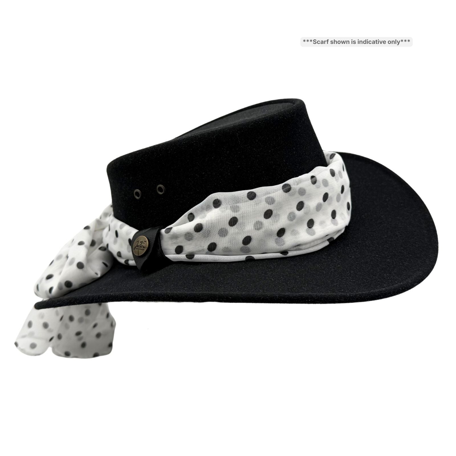 Black Jacaru 1103 Alice Hat with a white polka dot scarf on a white background