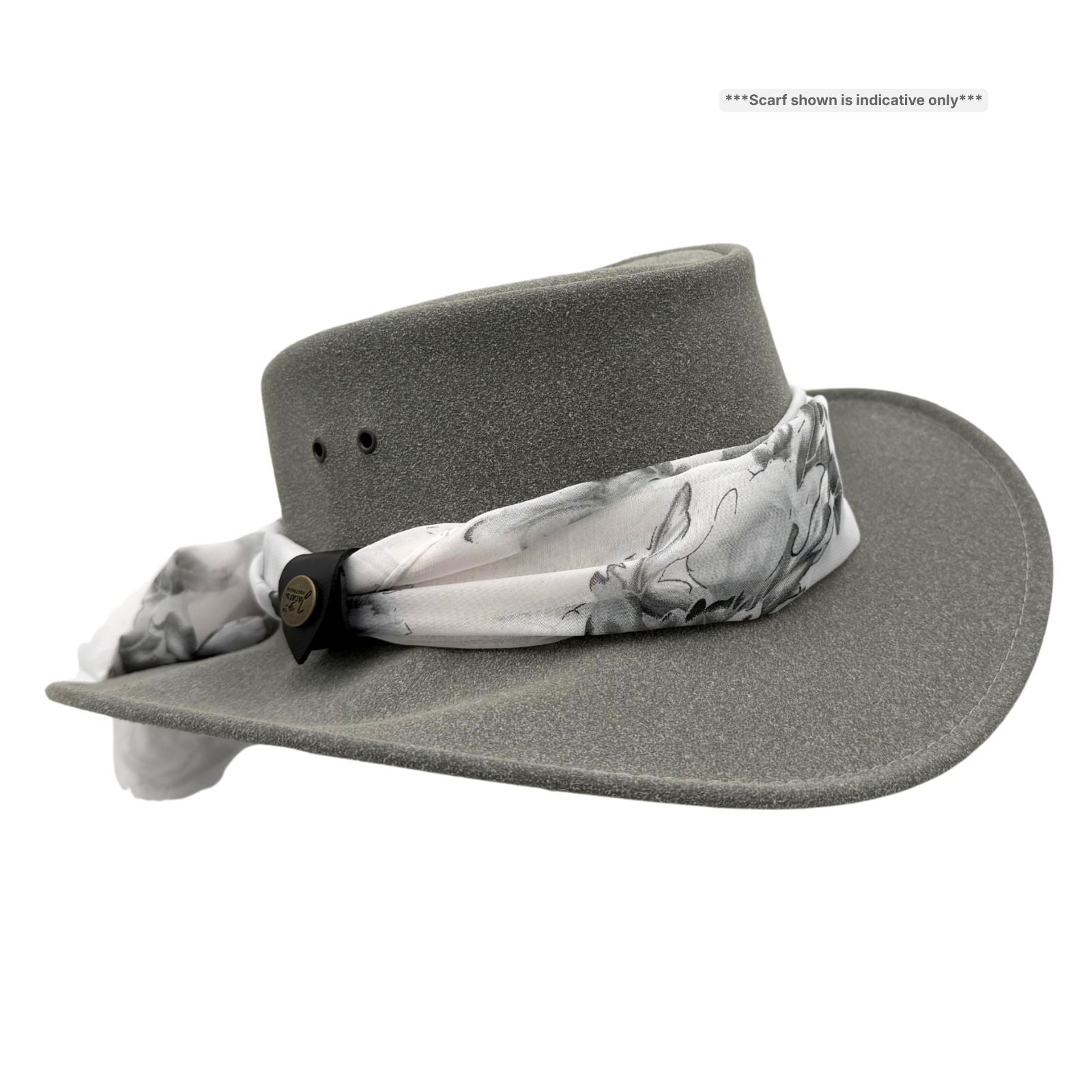 Gray Jacaru 1103 Alice Hat with a patterned scarf on a white background