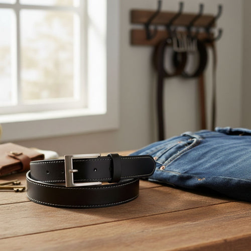 Jacaru 6014 Stitched Leather Belt 35mm in Black
