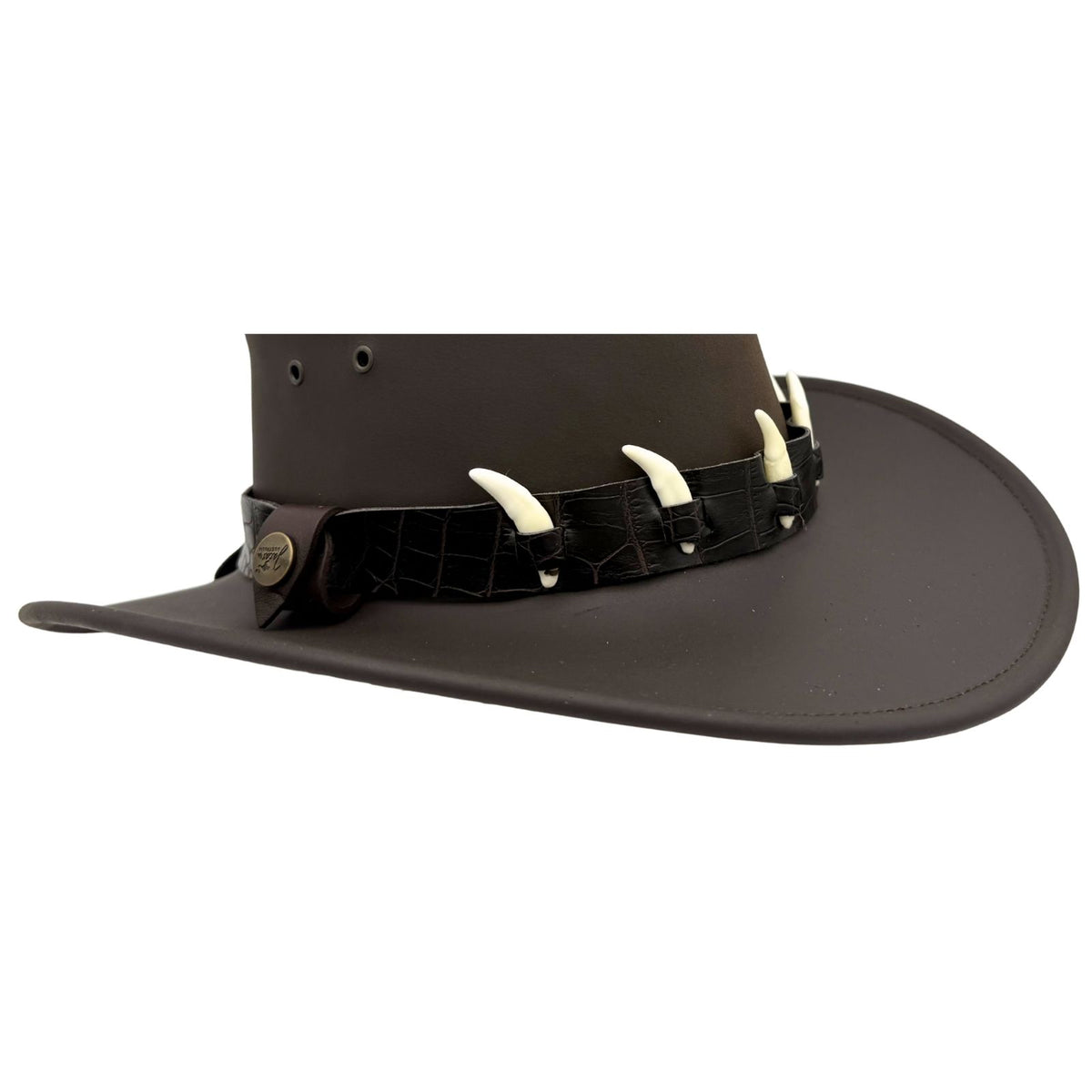 Jacaru 6582 dark leather hatband with six mini bone decorations attached to brown leather hat.