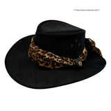 Black Jacaru 1020 Jillaroo Hat with a leopard print band on a white background
