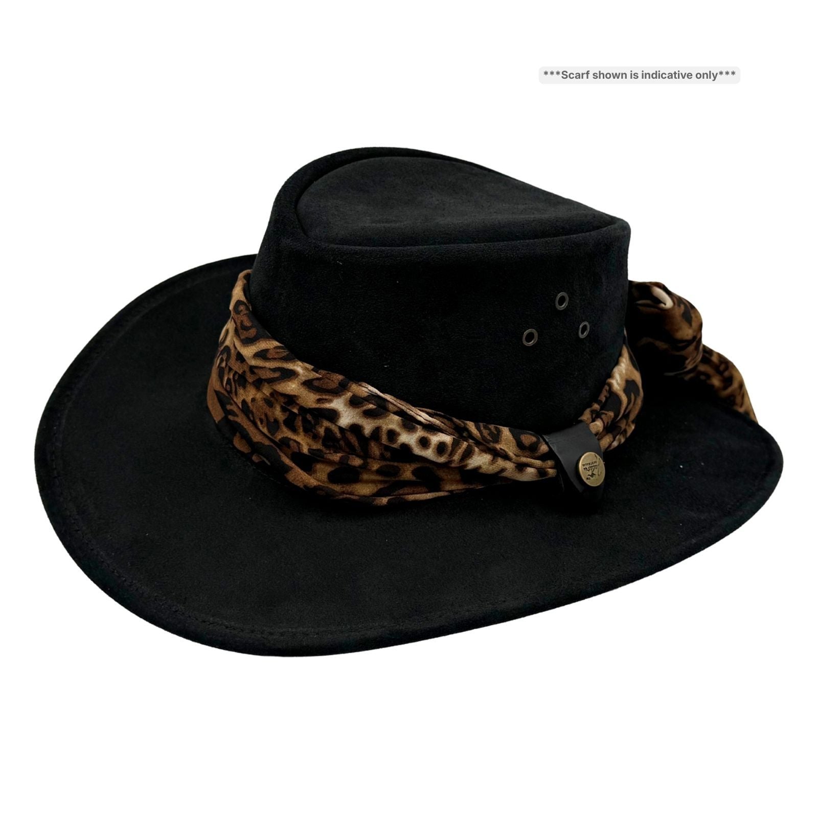 Black Jacaru 1020 Jillaroo Hat with a leopard print band on a white background