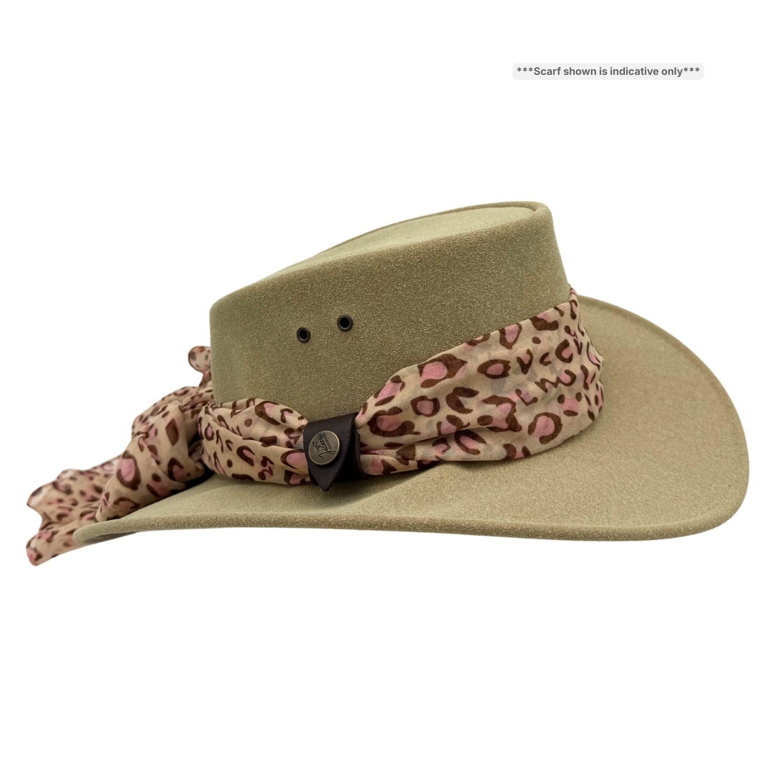 Sand Jacaru 1103 Alice Hat with a leopard print bandana tied around it on a white background