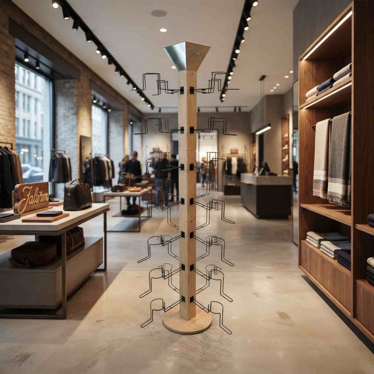 Jacaru wooden hat stand with mirror top displayed in modern clothing store interior