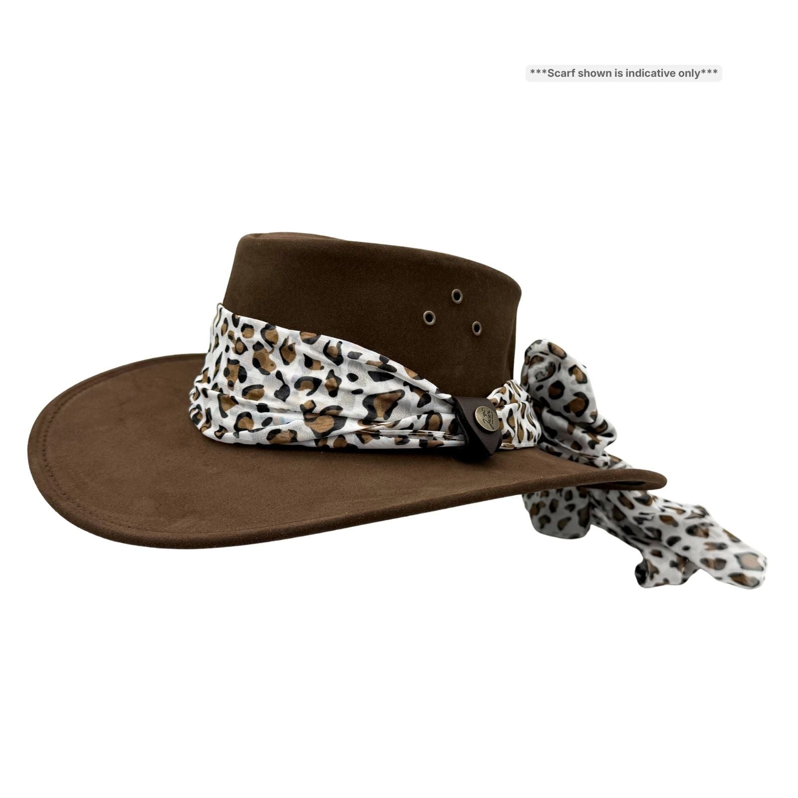 Brown Jacaru 1020 Jillaroo Hatwith a leopard print bandana on a white background