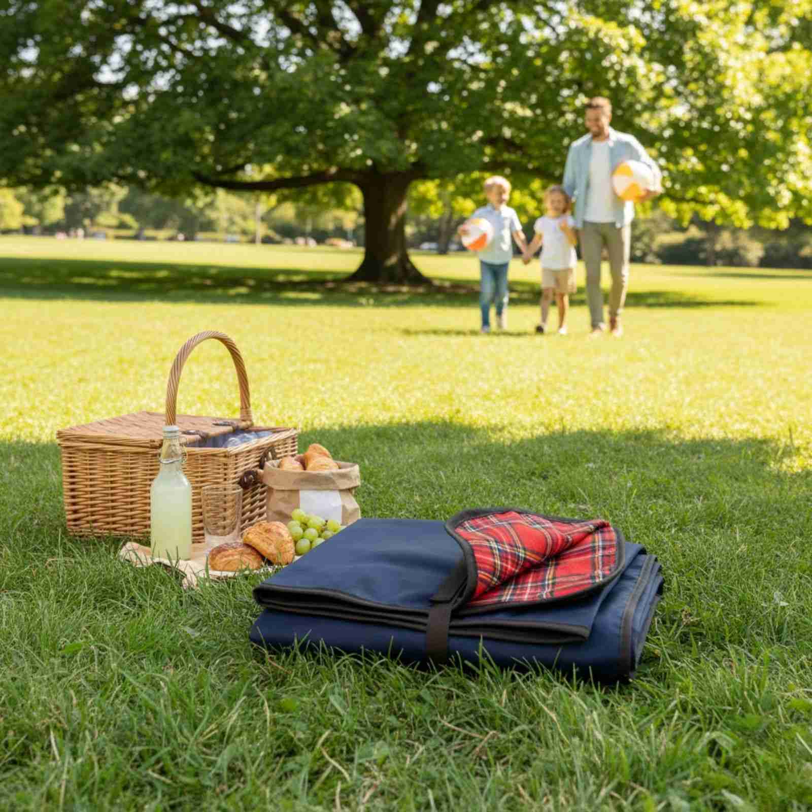 Jacaru navy picnic blanket with red tartan lining beside basket and snacks in sunny park.