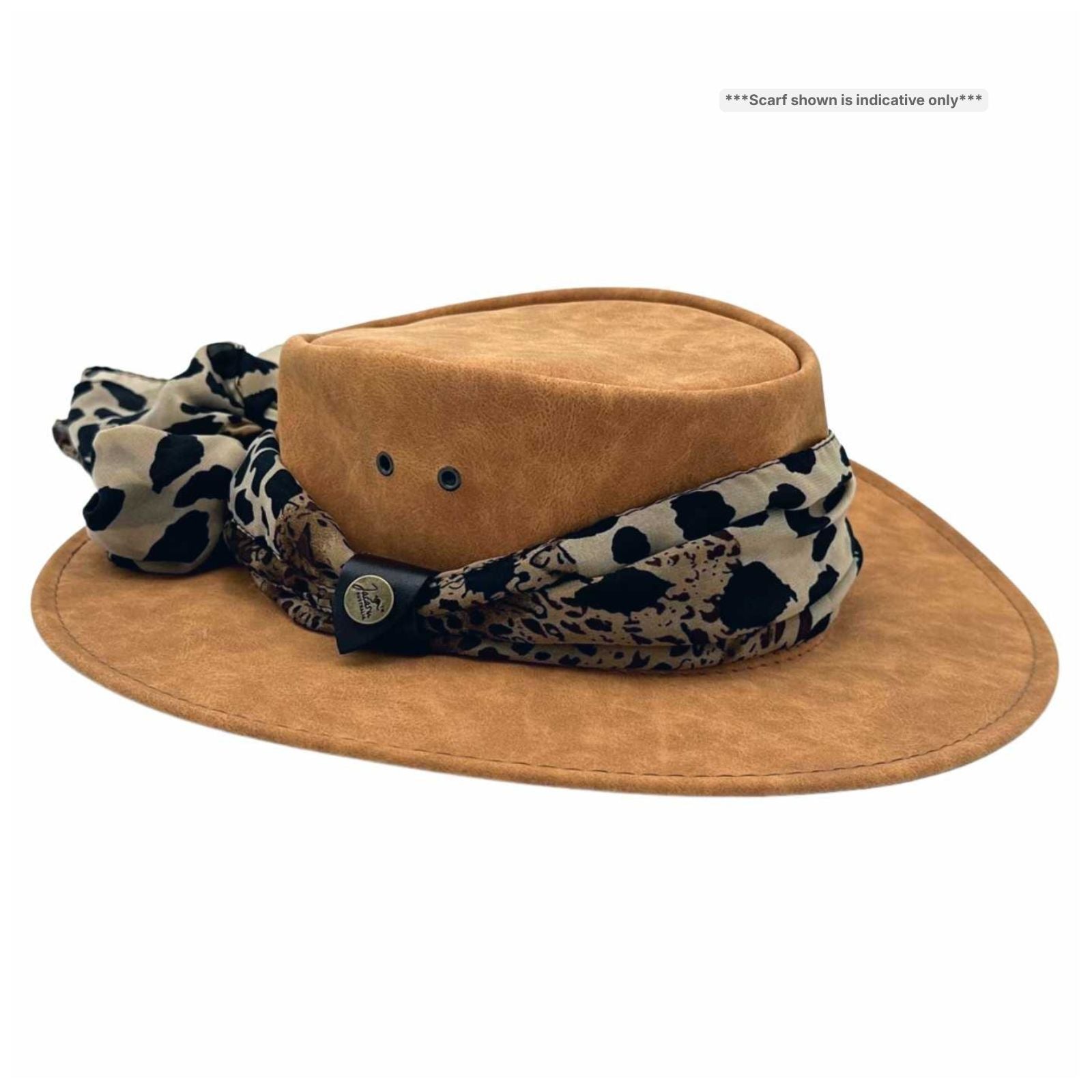 Mushroom Jacaru 1103 Alice Hat with a patterned scarf on a white background