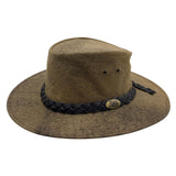 A Stonewash kangaroo leather hat with a moldable wire brim and a braided band, made in Australia.
