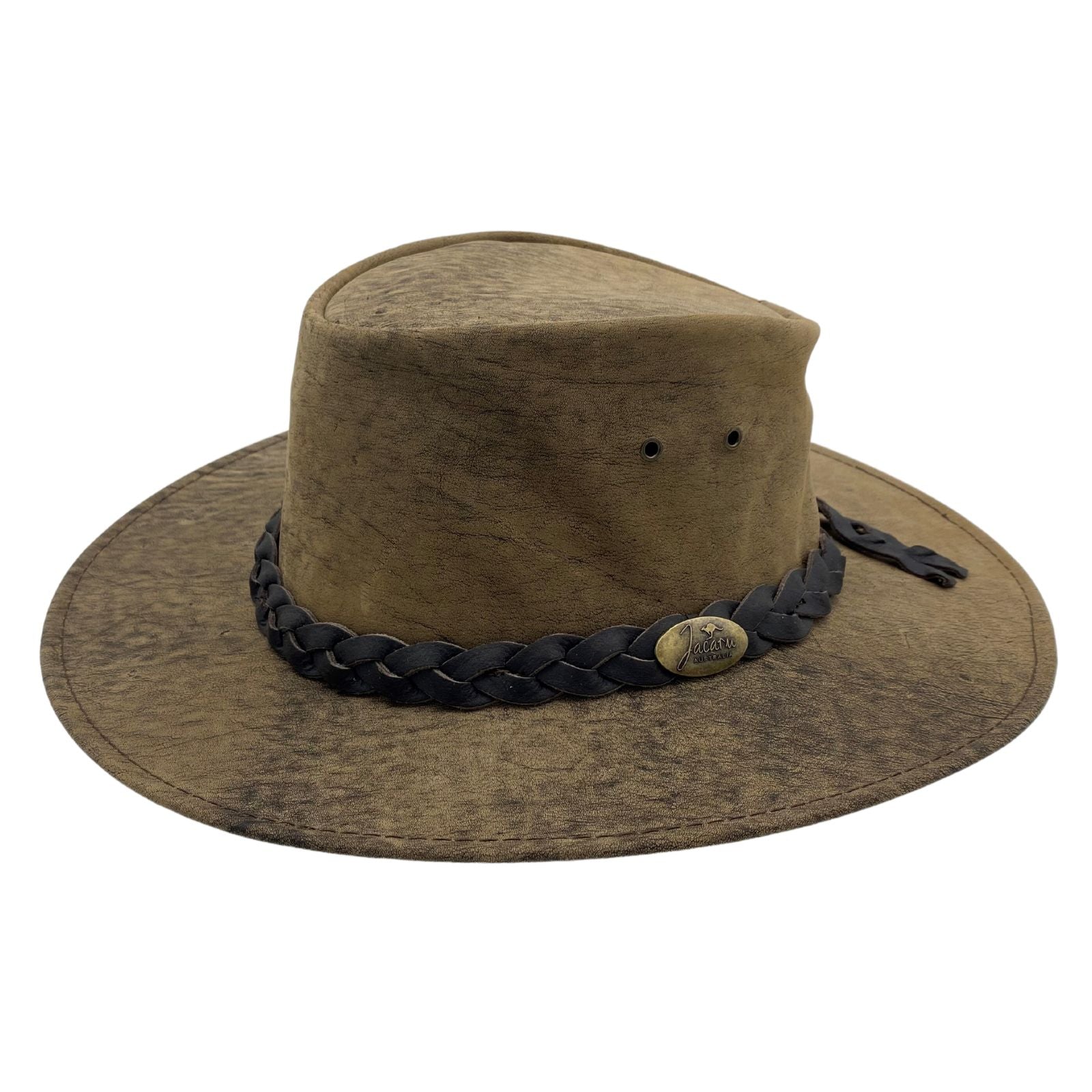 A Stonewash kangaroo leather hat with a moldable wire brim and a braided band, made in Australia.