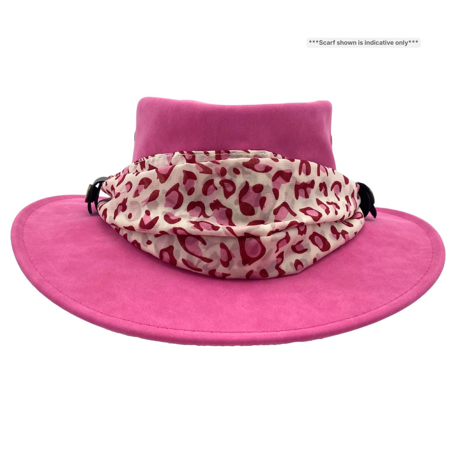 A Fuchsia Jacaru 1103 Alice hat made from vegan leather, featuring a wide brim and a multicolored scarf adorned around the base.